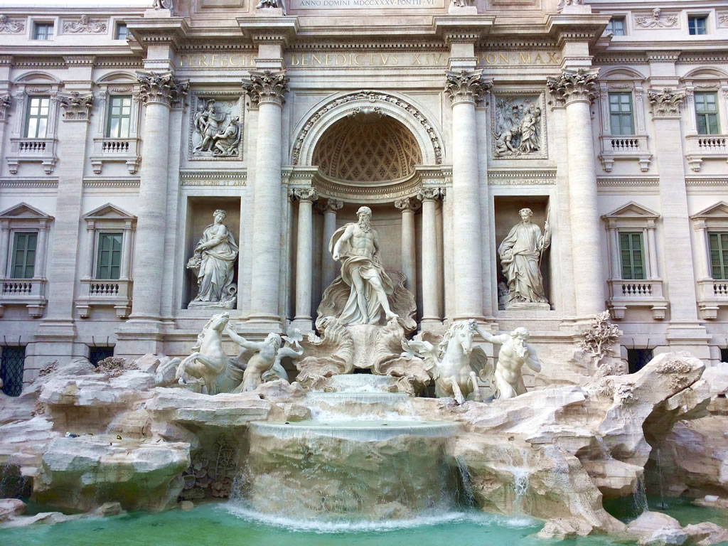 Trevi Fountain illuminated at dusk, Rome